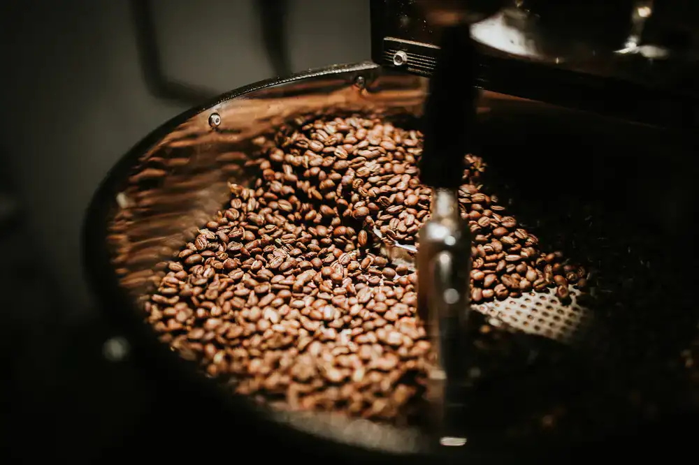 Freshly roasted coffee beans cooling in an artisan roaster